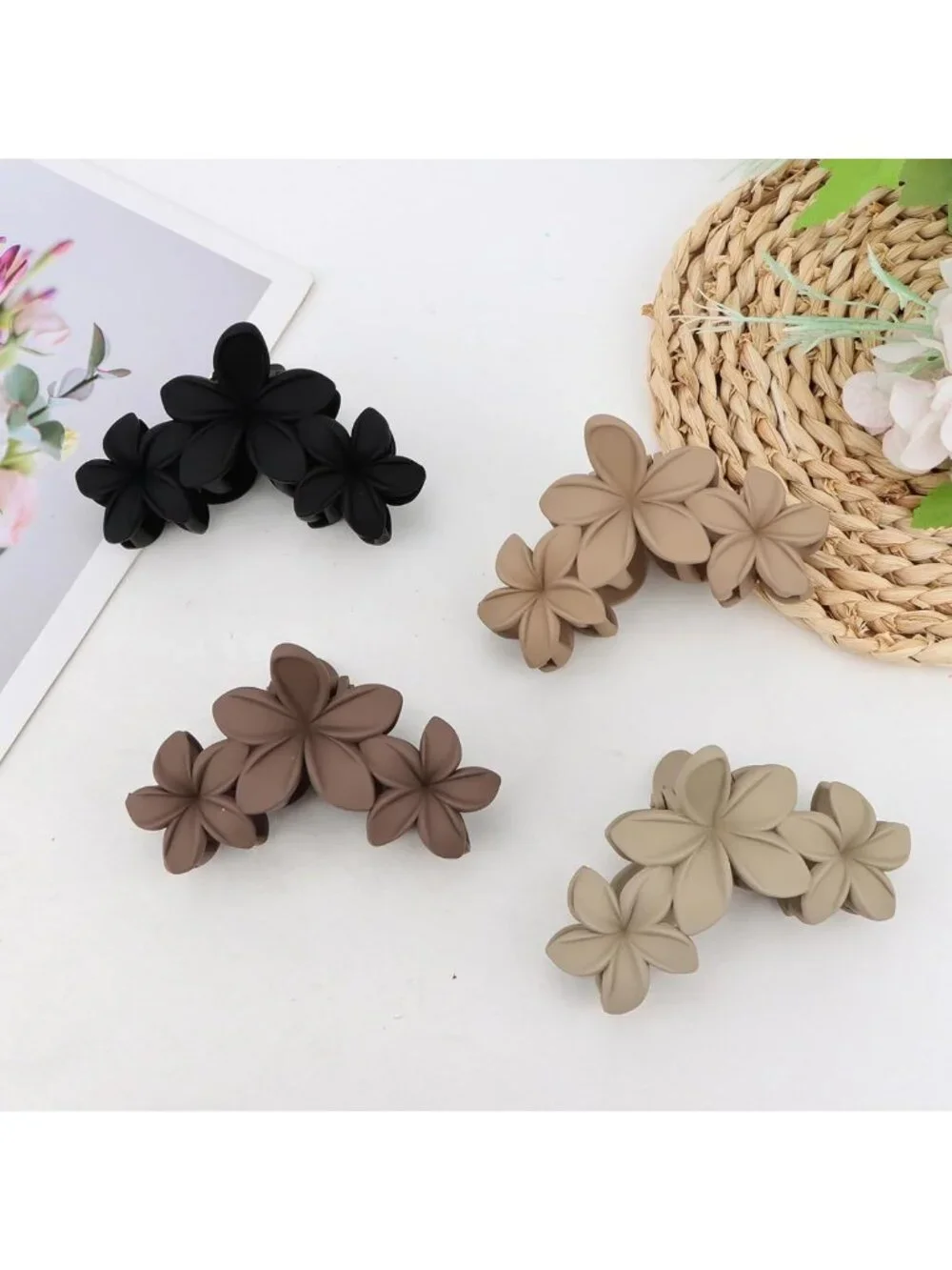 4PCS Large Hawaiian Plumeria Flower Hair Clips - Non-Slip Claw Clips for Beach